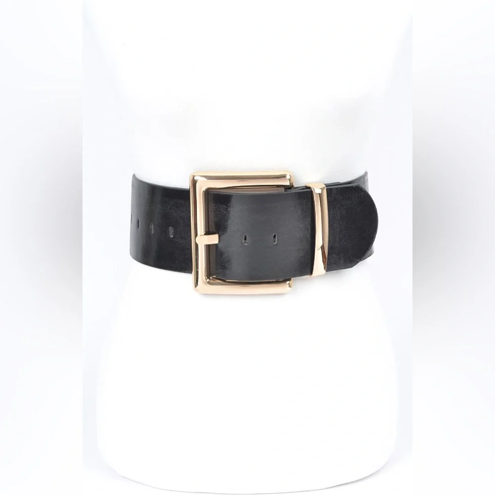 Black Vegan Leather Statement Belt with Gold Buckle